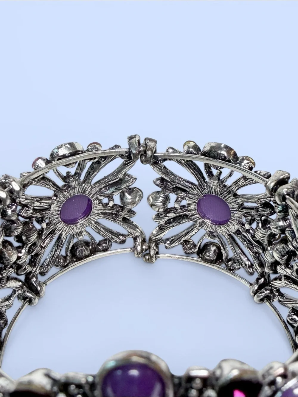 Victorian Revival Purple Cameo‎ Cuff Bracelet Silver Tone Filigree Rhinestones
